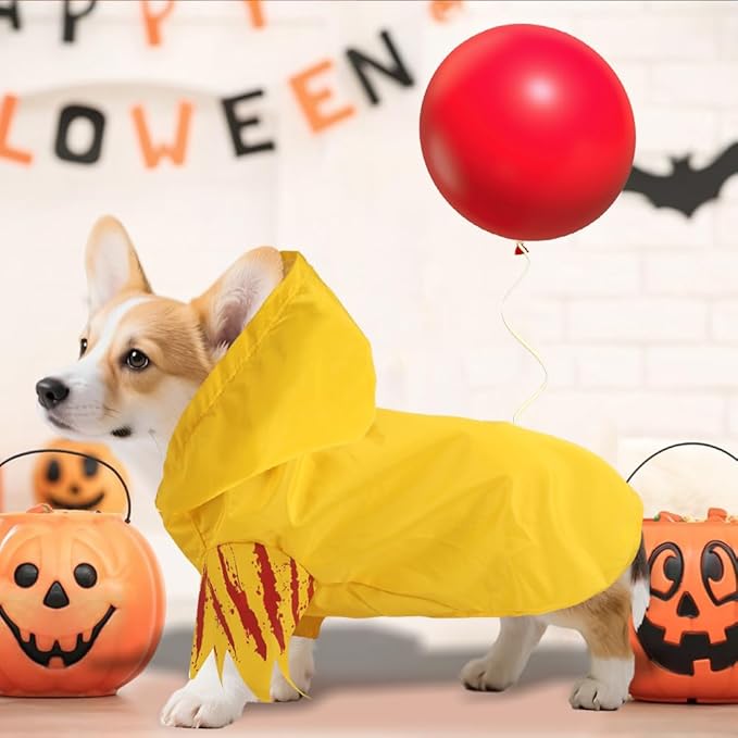 Halloween Dog Costumes,Creepy Pet Bloodstain Raincoat Hooded with Red Balloon for Little Dogs Cats Puppy Cosplay Party Pet Supplies Accessories