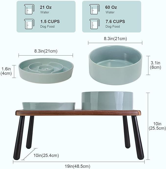 SPUNKYJUNKY Ceramic Elevated Dog Bowls with Slow Feeder Raised Acacia Bamboo Wooden Stand, 8.3'' Dog Food Water Bowls Set Non-Slip for Medium Large Sized Breed Microwave Dishwasher Safe - Light Green