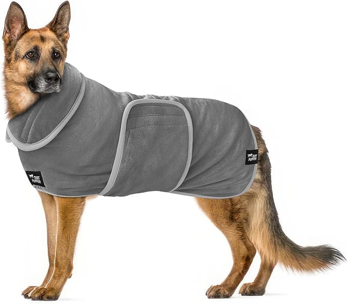 Tuff Pupper Fast Drying Dog Bath Robe | 800 GSM Plush Dog Towel Bathrobe/Dressing Gown | Super Absorbent Pet/Puppy Bathrobe | Adjustable Hood & Belly Strap | Super Soft | Fast Drying (XXXL, Gray)