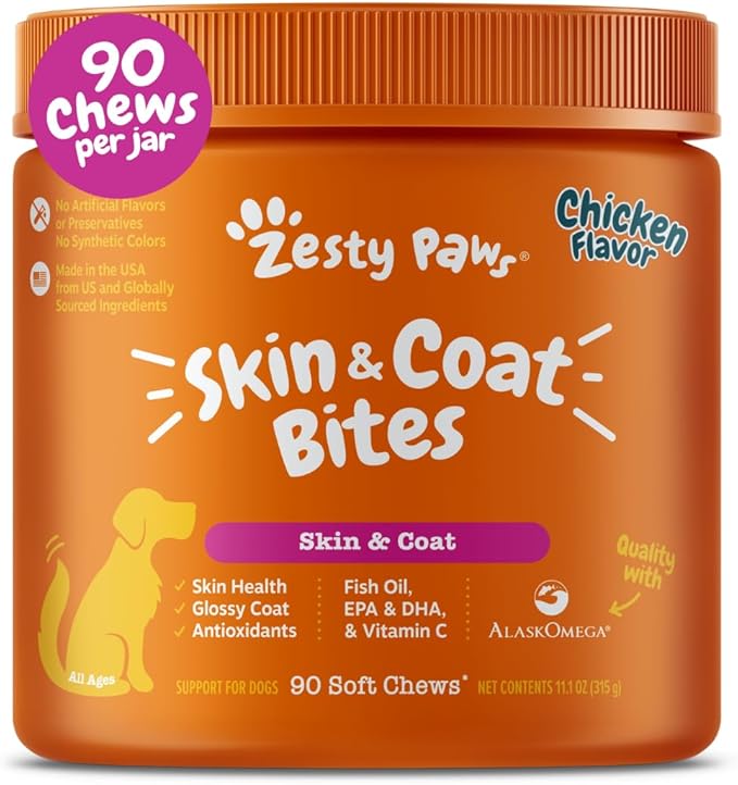 Zesty Paws Omega 3 Alaskan Fish Oil Chew Treats for Dogs - with AlaskOmega for EPA & DHA Fatty Acids - Hip & Joint Support + Skin & Coat Chicken Flavor (90 Soft Chews)