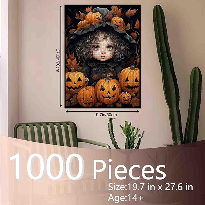Halloween Pumpkin Girl Jigsaw Puzzle Black Curly Hair Doll 1000 Piece Jigsaw Puzzles for Adults Challenging Family Activity Game DIY Puzzle Home Decor Gift for Friends 20 x 27 Inch