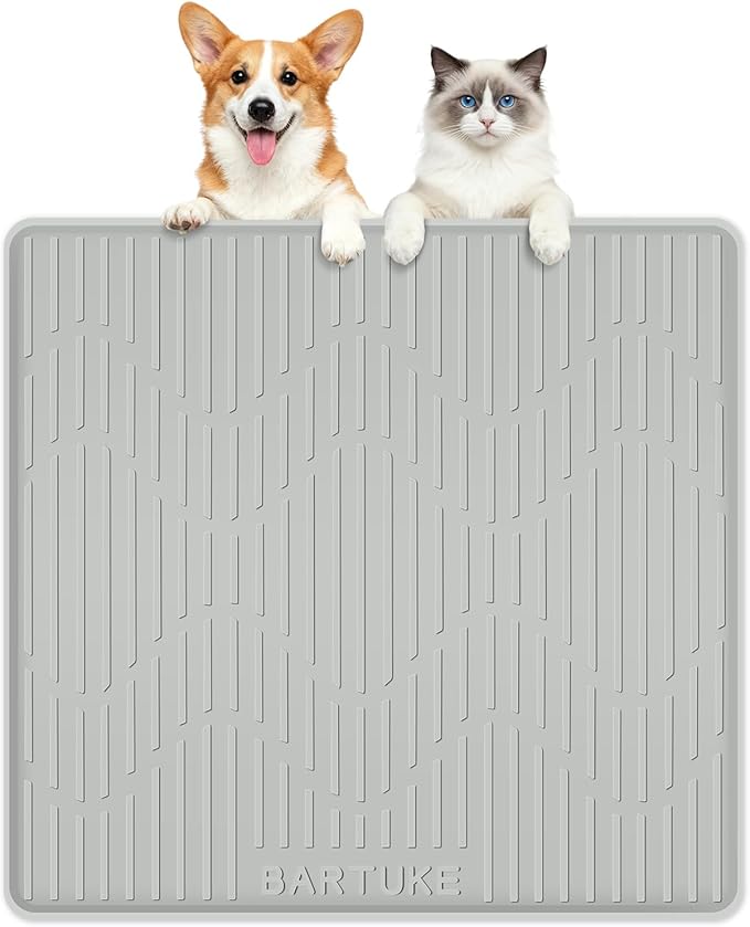 Silicone Cat & Dog Food Mat, 24" x 24" Large Pet Feeding Mat for Cats and Dogs Bowl, Pet Placemat for Food and Water with Raised Edge, Waterproof, Leakproof (Grey)