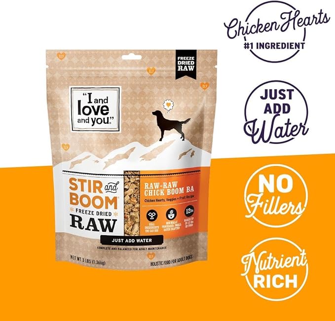 I AND LOVE AND YOU Stir and Boom Dehydrated Freeze Dried Raw Dog Food - Chicken - Grain Free, Real Meat, No Fillers, 3lb Bag