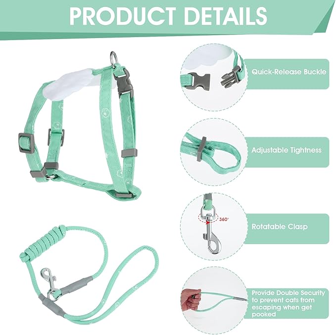 TIESOME Cat Harness and Leash Set, Adjustable Gradient Kitten Harness Escape Proof Harness with Leash for Kitty Outdoor Walking (Green)