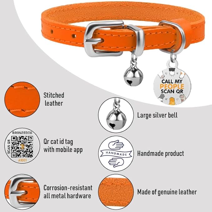 BRONZEDOG Leather Cat Collar with Removable Bells Non Breakaway Kitten QR Tag for Girl Boy (9" - 12" Cats/Mini Dogs, Orange & Silver)