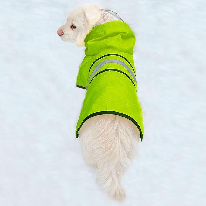 Dog Raincoat Waterproof Reflective Slicker - Lightweight Breathable Hooded Poncho Rain Coat Jacket with Adjustable Belly Strap and Leash Hole for Small Medium Large Dogs (Green, X-Small)