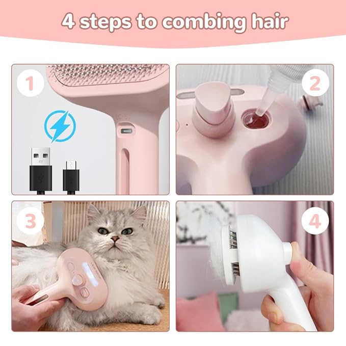Pet Spray Hair Removal Comb, 2025 New Pet Steam Brush for Dog Cat, Steam Brush for Shedding Grooming, Water Steamy for Long Short Haired Pets, Portable Anti-Static Cat Steamy (White)