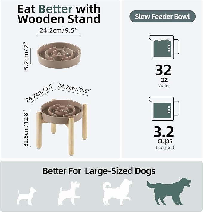 Ceramic 3.2 Cup Raised Slow Feeder Dog Bowl Set, Elevated Bowl with Wooden Stand for Large Dog, 9.5inch Puzzle Slow Pet Food Dish, Anti-Gulping(Brown Coffee, Single Bowl+ Stand)