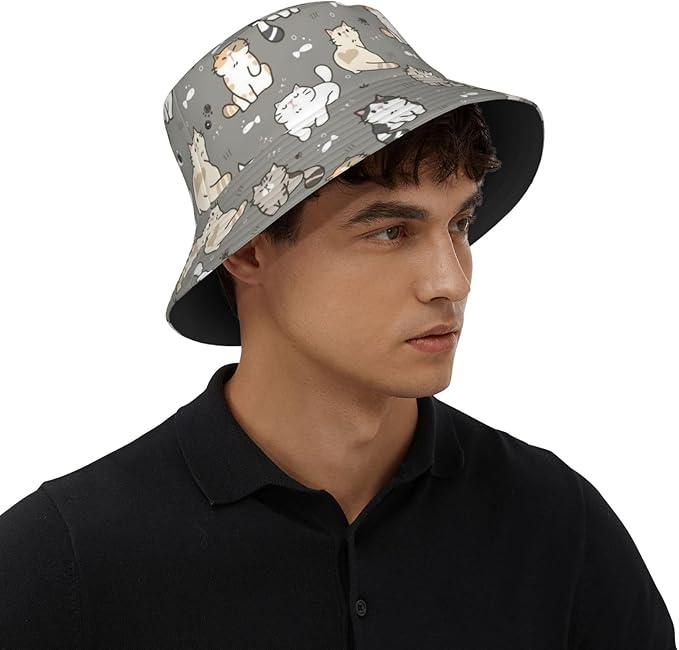 Cute Cat Print Bucket Hat Fisherman Hat Beach Travel Sun Hat Outdoor Cat Cap for Men Women