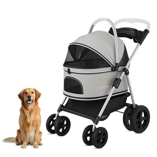 4 Wheel Foldable Pet Stroller - Lightweight Dogs and Cats Stroller Upto 50lbs with Mesh Canopy, Storage Basket and Cup Holder, Durable for Walks and Outings (Medium)