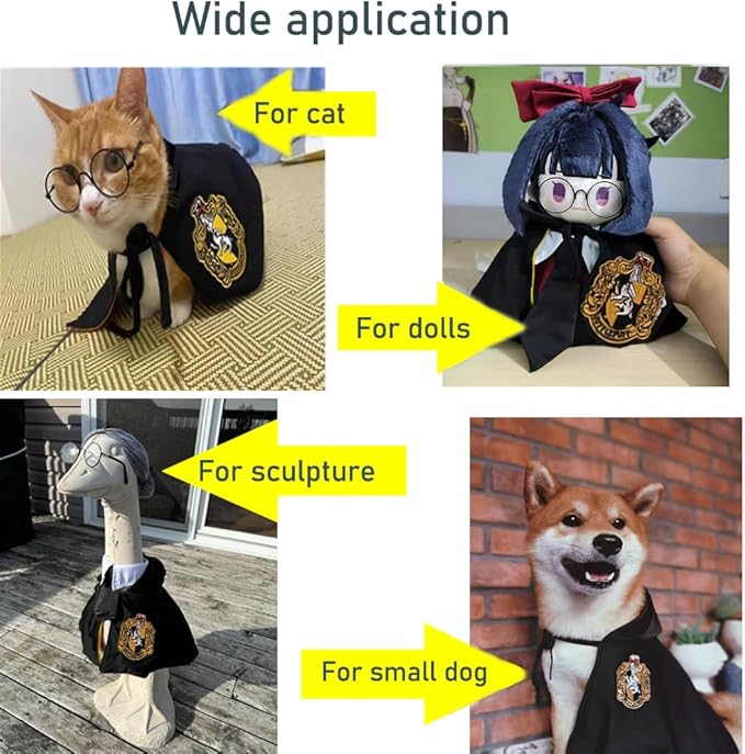 ANIAC 3PCS Halloween Dog Costume Cat Wizard Cape Glasses and Necktie Set Halloween Puppy Outfit Pet Academy Magician Cosplay Apparel for Kitten Cat Small Dogs (Black+Yellow, Small)