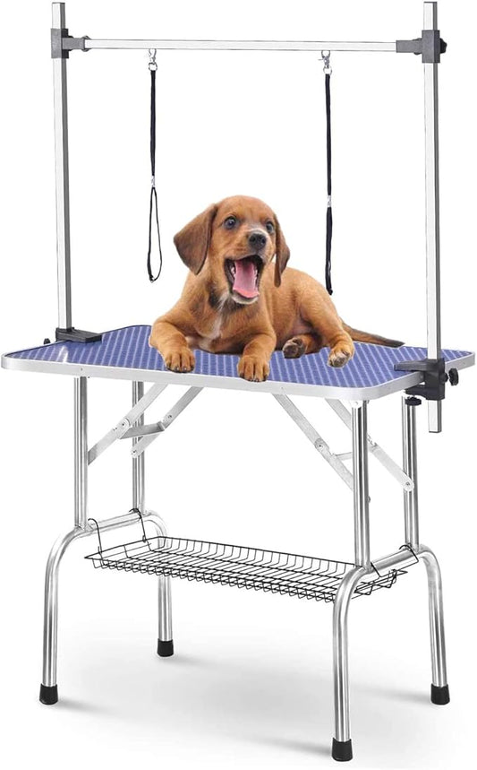 36" Dog Grooming Table Foldable Pet Grooming Tables with Adjustable Arm Noose Storage Mesh Tray Maximum Capacity Up to 330lbs Blue