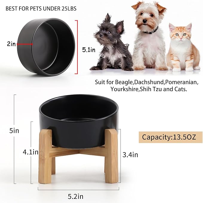 Petygooing Black Raised/Elevated 15°Slanted Ceramic Dog Bowl for Small Breeds,Tilted Anti Slip Pet Feeding Bowl,Food Water Dish with Stand for Cats and Small Dogs Puppy 13.5 OZ (5.1In / 1.7 Cups)