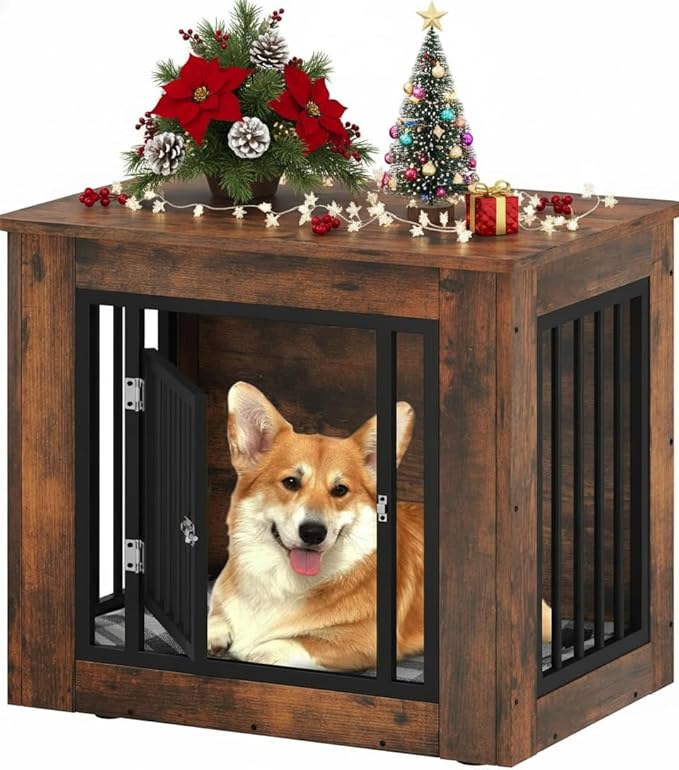 YITAHOME 27.2" L Dog Crate Furniture for Medium Dogs, 2-in-1 Iron-Wood Fusion Dog cage Indoor up to 30 lb, Side End Table, Modern Dogs Kennel with Waterproof Top, Safety Corners,Steel Lock,Rustic
