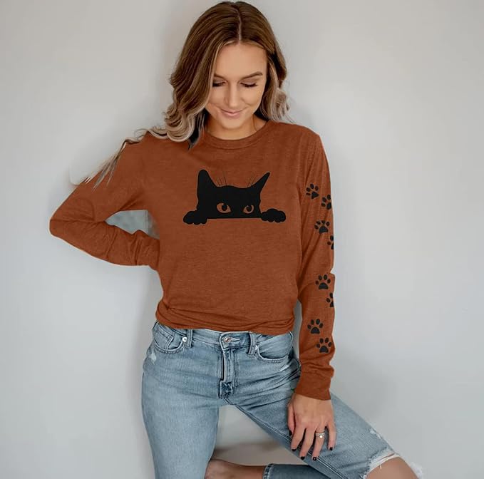 JINTING Cat Shirts for Women - Loose Fit Lightweight Long Sleeve Graphic Tee Fall Printed Crewneck Blouse Casual Tops