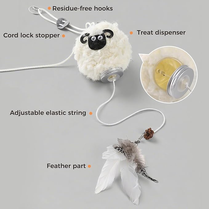 Interactive Cat Toys for Indoor Cats - [2025 New] Elastic Cat Feather Toys with Lamb-Shaped Puzzle Dispenser, Hanging Enrichment Toy That Delivers Joy and Award