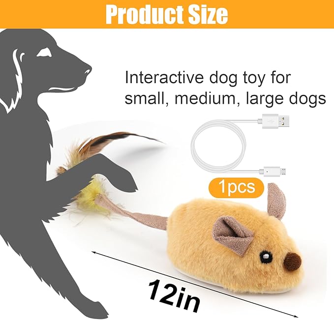 Mity rain Interactive Dog Toys, Fake Mouse Moving Dog Toy with Automatic Sensor, Dog Mouse Toy with Realistic Sound & Extended Tail, Automatic Dog Toy for Cats Dogs Pet, Squeaky Dog Toys Yellow