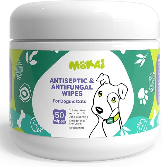 MOKAI Antiseptic Wipes for Dogs Cats and Horses | Dog Chlorhexidine Wipes with Ketoconazole Dermatological Pads Hot Spots Itchy Paws Skin Rashes