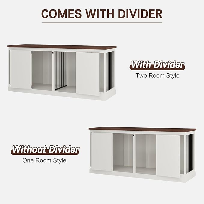 Dog Crate Furniture - Indoor Wooden Dog Kennel Furniture with Room Divider - 71"x23.6"x31.5"H, White