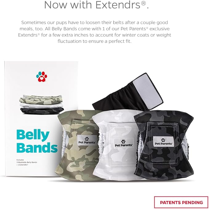 Pet Parents® Washable Belly Bands for Male Dogs (3pack) + Extendrs® of Durable Dog Diapers Male, Premium Male Dog Diapers & Dog Wraps (Large, Camo)