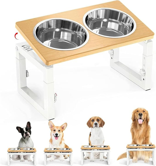 Dog Bowls Elevated, 4 Height & Angle Adjustable Raised Dog Bowl Stand, Elevated Dogs Bowl Stand For Medium Sized Pet, Sturdy Bamboo Dogs Feeding Station With 2x 48oz(6cup) Stainless Steel Dishes,White