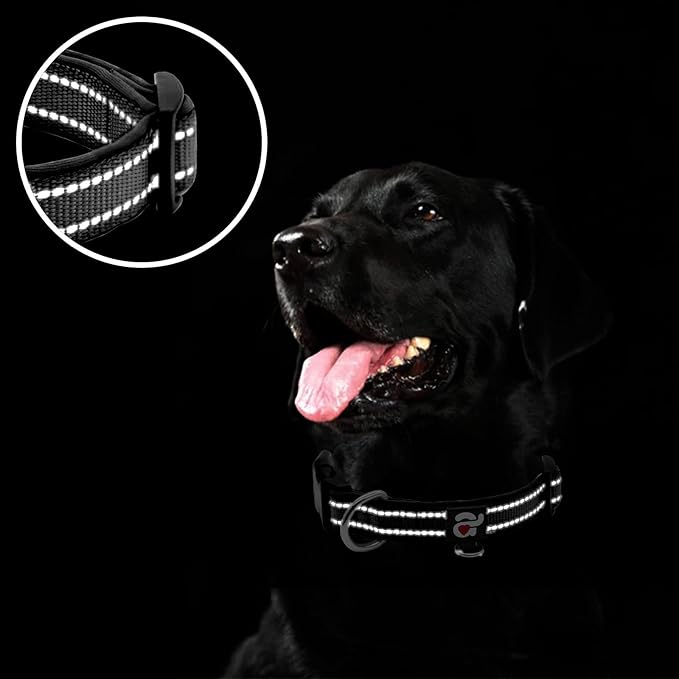 azuza Reflective Dog Collar,Soft Neoprene Padded Pet Collar with ID Tag Ring,Adjustable for Large Dogs,Black,L