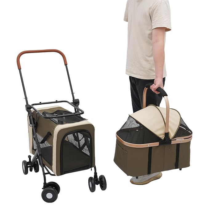 Double Pet Stroller for Small Medium Dogs & Cats, 3 In1 Detachable Pet Strollers with 2 Carriers and 360° Wheels, 77 Lbs Capacity Outdoor Cat Dog Carts Lightweight (Dark Green)