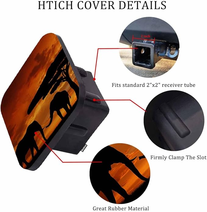 Trailer Hitch Cover 2 Inch Elephant, African Animal Elephants Sunset Grassland Heavy-Duty Tow Rear Receivers Plug Covers, 2" Rubber Towing Hitch Cover for Trucks Cars SUVs Sedans