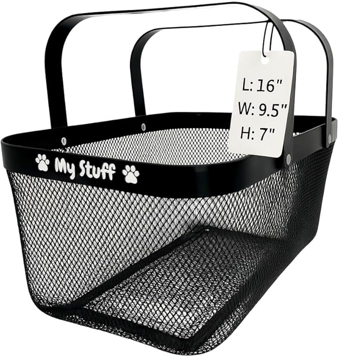 Dog Toy Basket Metal Mesh Metal, Chew Proof, 16 (L) x 9.5 (W) x 7 (H) inches Black Dog Toy Bin, Sturdy Pet Toy Basket