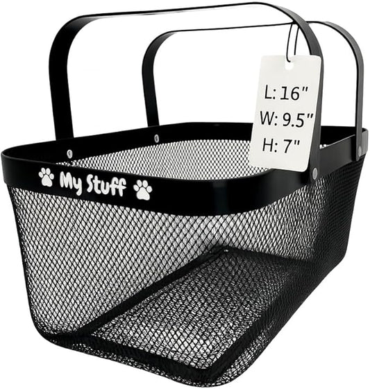 Dog Toy Basket Metal Mesh Metal, Chew Proof, 16 (L) x 9.5 (W) x 7 (H) inches Black Dog Toy Bin, Sturdy Pet Toy Basket