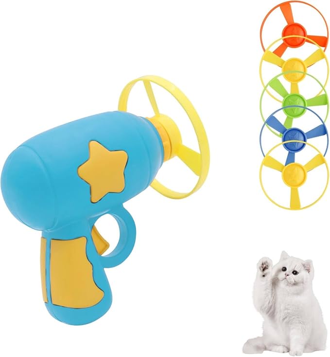 Andiker Cat Fetch Toy, Interactive Kitten Flying Disc Launcher Toy with 5 Colorful Flying Propellers for Cat Enrichment, Flying Saucer Toy for Cats for Training and Chasing (Blue)