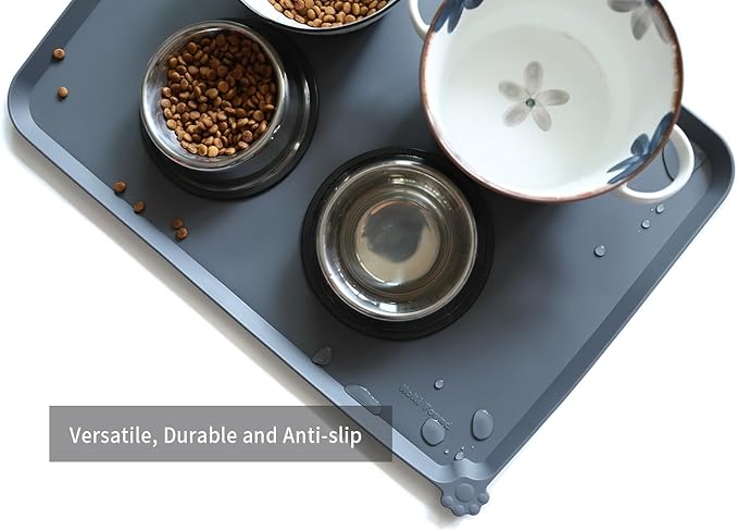 Hoki Found Large Silicone Pet Feeding Tray - Waterproof Dog Pet Cat Feeding Mat - Non Slip Pet Dog Cat Food Bowl Mats Placemat -Pet Water Mats for Carpet -Gray