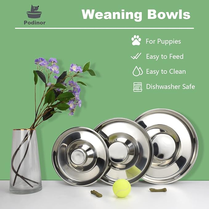 Stainless Steel Puppy Dog Bowls 2 Pack, Pets Puppies Feeding Food and Water Weaning Bowls Dishes Feeder, 10.3 Inch