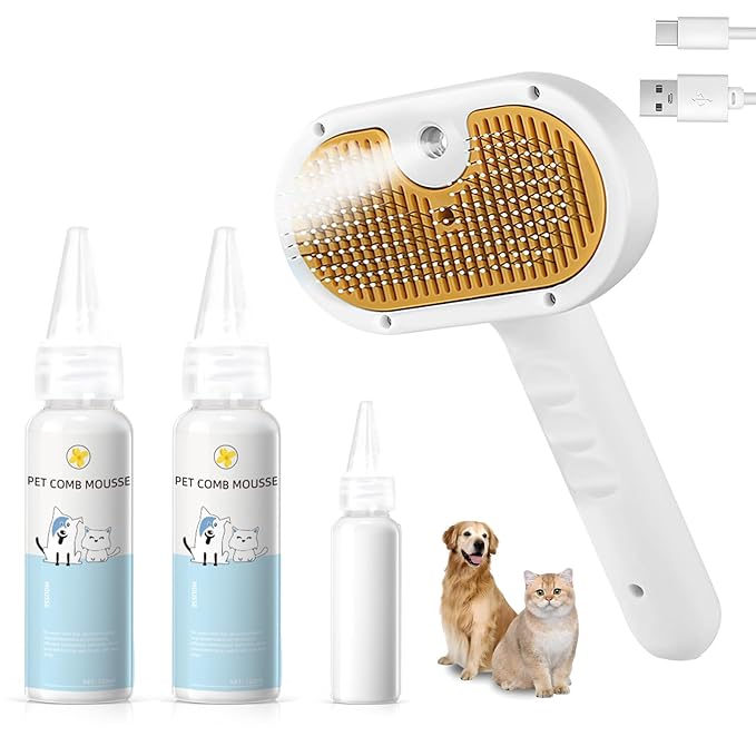 Pet Steam Brush for Dog & Cat - 3-in-1 Steam Grooming Brush for Shedding & Hair Removal - Self Cleaning Spray Comb with Mist for Long Haired Pets - Includes 2*Waterless Shampoo, Yellow