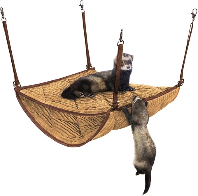 Ferret Hammock for Cage - Plush Double Bunk Bed Hanging Clips - Perfect for 2 or More Small Pets! (Rats, Ferrets, Hamsters, Guinea Pigs, Chinchillas & Squirrels) - Khaki