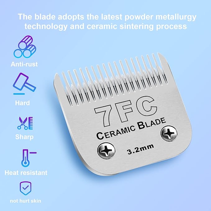 Detachable Pet Dog Clipper Blades, Compatible with Andis Size-7FC Cut Length 1/8"(3.2mm), Most Oster A5, Wahl KM Series Clippers,Made of Ceramic Blade & Stainless Steel Blade