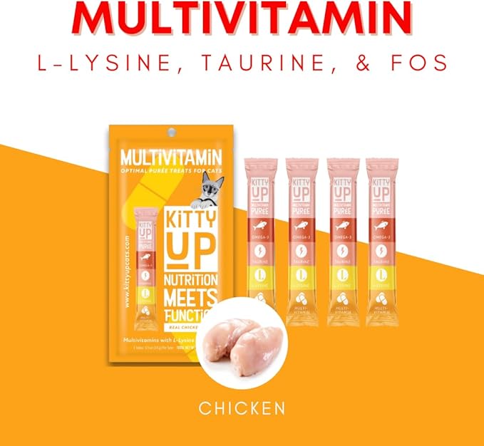 Kitty Up Lickable Cat Treats - All Natural Chicken Puree Tubes with Lysine & Taurine | Grain-Free Wet Treats for Indoor Cats & Kittens (12 Pack)