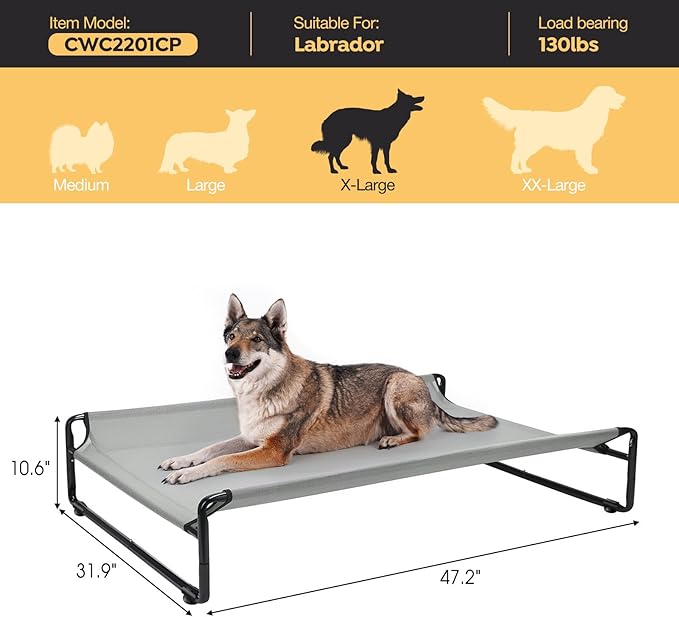 Veehoo Original Outdoor Elevated Dog Bed, Cooling Raised Dog Cot for Large Dogs, Portable Standing Pet Hammock Platform with Washable Breathable Mesh, No-Slip Feet, X-Large, Grey, CWC2201