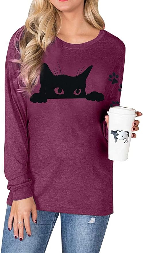 JINTING Cat Shirts for Women - Loose Fit Lightweight Long Sleeve Graphic Tee Fall Printed Crewneck Blouse Casual Tops