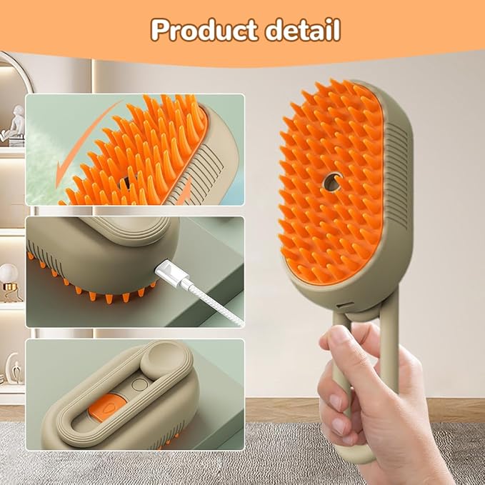 2025 New Cat Steam Brush, 3 in 1 Pet Steam Groomer Comb, Rechargeable Pet Steam Groomer Brush for Massaging and Cleaning Shedding Pets Hair, Anti-Static Hair Removal Comb for Cats Dogs (Khaki+White)