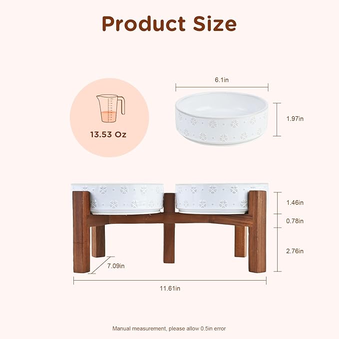 SPUNKYJUNKY Ceramic Dog Bowl Set with Acacia Wood Stand Raised for Small Medium Sized Dog (Shallow, 15.5cm)