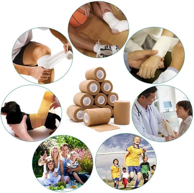 12 Rolls Elastic Self Adhesive Bandage Wrap 3 Inch, Breathable Non Woven Cohesive Bandage, Vet Wrap for Dogs, Ankle Sprains Swelling Medical First Aid Tape, Sports Athletic Tape Tan