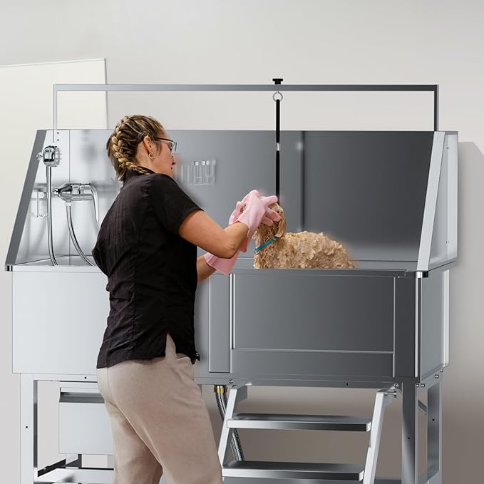 46" Dog Washing Station, Professional Stainless Steel Dog Bathtub w/Ramp & Storage Drawer, Adjustable Grate, Non-Slip Design, Perfect for Home Grooming & Large Dogs (46" Right Stair)