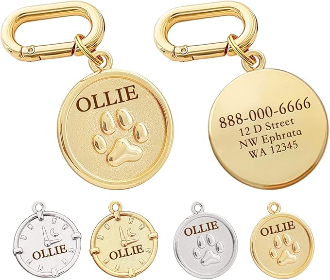 Dogs ID Tags Personalized Double Sided Deep Engraved Cat & Dog Collar Charm Round Shape Frosting Process Silver/Gold Plated (PAW-Gold)