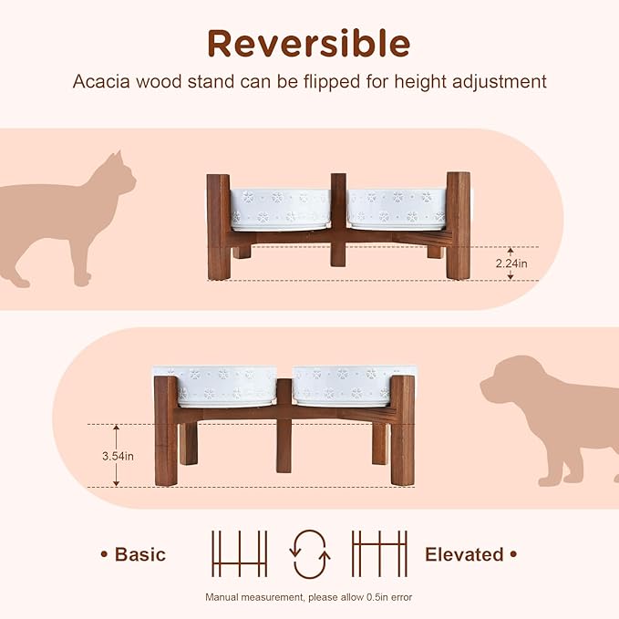 SPUNKYJUNKY Ceramic Dog Bowl Set with Acacia Wood Stand Raised for Small Medium Sized Dog (Shallow, 15.5cm)