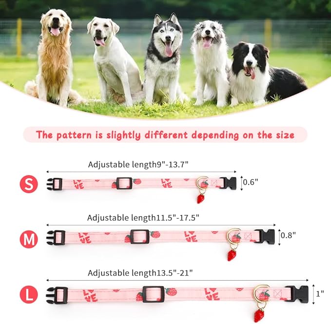 Cute Cotton Dog Collar for Small Medium Large Dogs Special Design with Cute Pink Strawberries Pendant Necklace for Girl Boy Male Female Dogs Pet Collar Soft Fabric Adjustable Puppy Collars Red - L