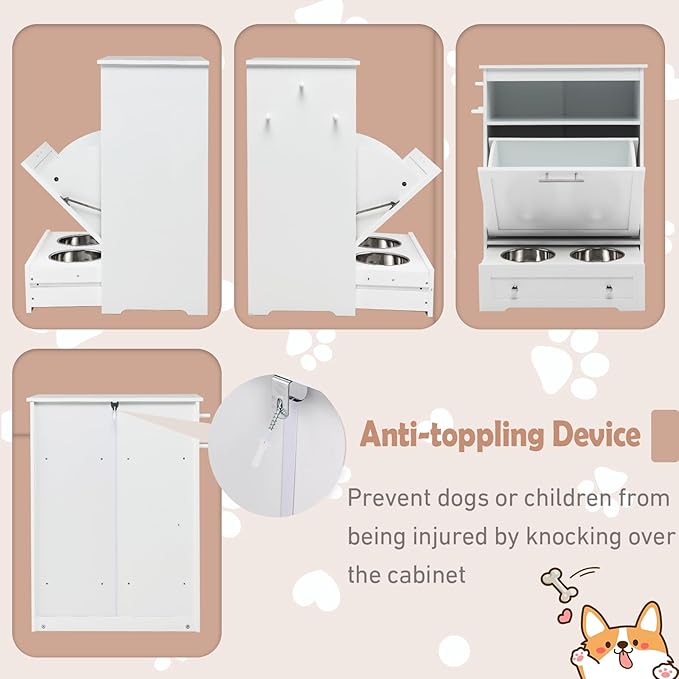 Pet Feeding Station Large Dog Feeding Station with Storage Dog Food Storage Cabinet with 2 Elevated Dog Bowls, Dog Food Storage Container, Pet Toy Storage Organizer, White PV10010WH