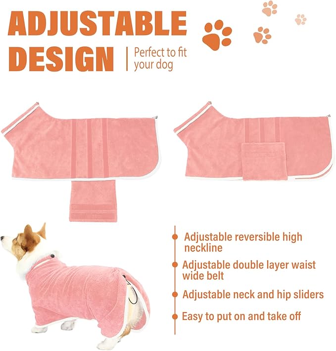 Dog Robe - Fast Drying Towel - Microfiber Super Absorbent Pet Bathrobe, Adjustable Collar & Belly Strap (Pink, Large)