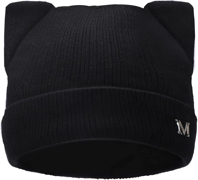 Cat Ear Beanie for Women Girls, Autumn Winter Knit Cuff Beanie Hip Hop Beanie Hat Cat Crochet Ski Cap