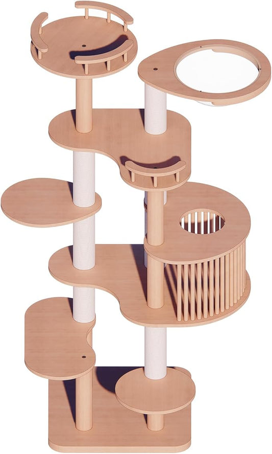 Downpat Cat Tree 72.3" Solid Wood Multi-Level Cat Tower with Condo,Cat Scratching Post,Jumping Space,Furniture Suitable for Cats